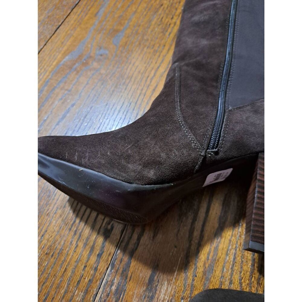 New Size 10W Lane Bryant Brown Suede Leather Round Toe Stacked High Heel Boots - Picture 6 of 8